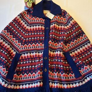 Vintage Poncho Red Blue Acrylic Fringe OSFM